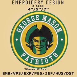 ncaa logo george mason patriots, embroidery design, embroidery files, ncaa patriots, machine embroidery pattern