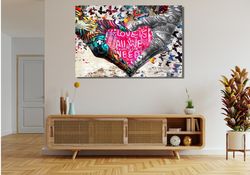 banksy couple heart hands graffiti ready to hang canvas,banksy love graffiti framed canvas,love is all we need gift,gift