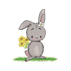 bunny with sunflowers embroidery design, 3 sizes, instant download
