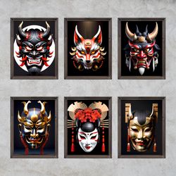 set of 6 japanese mask printable wall art, ethnic and traditional japanese mask design bundle