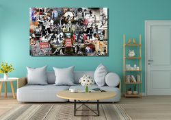 collage of banksy ready to hang canvas, canvas wall art, graffiti print, banksy street art, banksy art, banksy's famous