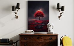 red tree on black and white living room wall art - beautiful tree painting canvas print - vertical framed or unframed re