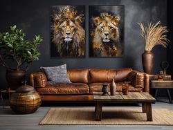 set of 2 lion king and lioness queen with crowns painting canvas print - romantic couples bedroom wall art framed ready