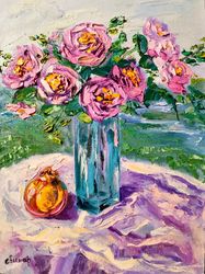 pomegranate glass vase flowers pink roses impasto oil painting original artist svinar oksana