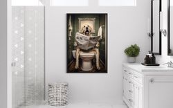 white labrador retriever dog on the toilet reading newspaper, funny bathroom art, toilet humor, canvas framed unframed r