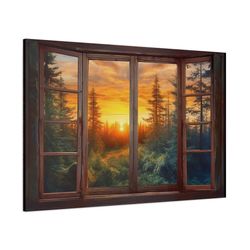 window view canvas, forest view from open rustic cabin window painting, nature landscape wall art print ready to hang, h