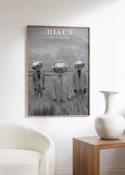 disco ball poster, 70s wall print, black wall art, psychedelic art, retro wall decor, vintage party poster, aesthetic ar