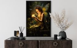 fairy painting - beautiful forest fairy with firefly - girls room fantasy vertical wall art canvas print framed unframed