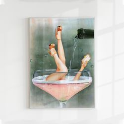 funky female champagne poster retro vintage print  trendy wall art, vintage bar printable, girly cocktail print, digital