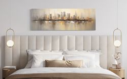 gold and silver living room wall art - abstract chicago skyline painting canvas print, long horizontal panoramic artwork