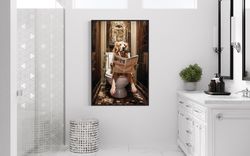 golden retriever dog on the toilet reading newspaper, funny bathroom art, toilet humor animal print or canvas framed unf