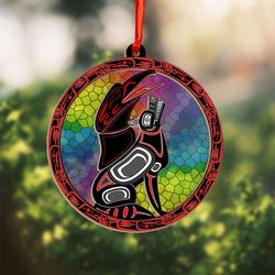 haida wolf & raven suncatcher ornament: northwest coast christmas tree decor