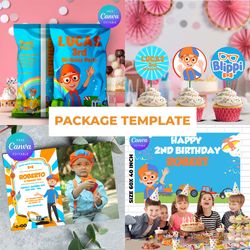 blippi birthday party decoration printable package, blippi birthday invitation, blippi party template canva editable