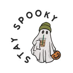 ghost with iced coffee embroidery design, stay spooky embroidery design, halloween ghost embroidery design, 3 sizes, ins