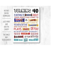 40th birthday funny candy poster printable pdf - sarcastic 40th birthday gift for men women idea from friends, family -