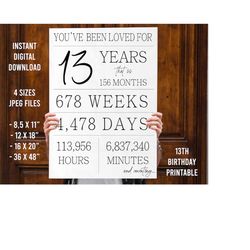 13 years printable poster - you have been loved 13 years sign - time lapse birthday party poster - teenager thirteen bir