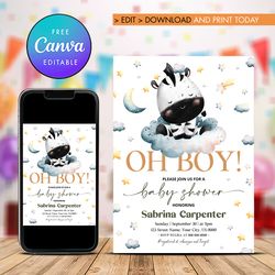 oh boy baby shower invitation, zebra boy baby shower invitation template canva editable