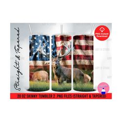 Deer In Garden With USA Flag 20oz Skinny Tumbler Sublimation Designs (Straight&Tapered) PNG Files