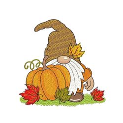 fall gnome embroidery design, pumpkin embroidery file, 3 sizes, instant download