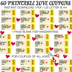 60 printable retro love coupons, coupon book for him & her, anniversary gift, birthday gift, valentine's day coupons pdf