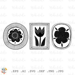 flower in frame clipart png, hand drawn flower svg, flower printable png, flowers linocut svg