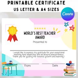 teacher appreciation award printable, worlds best teacher, personalized teacher gift, number 1 teacher award custom pdf