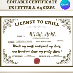 license to chill retirement certificate editable, customizable retirement printable sign, personalized custom funny pdf