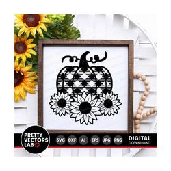 plaid pumpkin svg, sunflowers svg, thanksgiving cut files, fall farmhouse svg, dxf, eps, png, autumn round sign clipart,