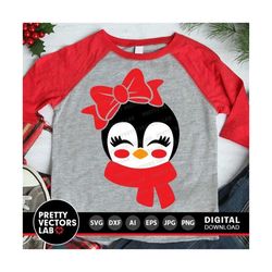 girl penguin with bow svg, cute penguin face svg dxf eps png, kids shirt design, winter cut files, baby holiday clipart,