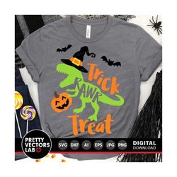 trick rawr treat svg, dinosaur svg, halloween quote svg, t-rex with pumpkin svg, dxf, eps, png, fall cut files, kids svg