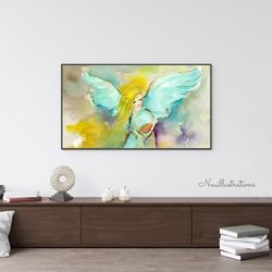 samsung frame tv art angel with wings pastel green watercolor, christmas blessing downloadable digital download art