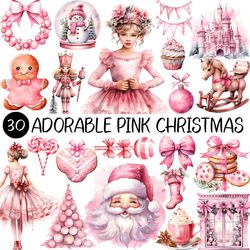 adorable pink christmas png | watercolor, clipart, little girl, ballerina, deer, snowman, santa claus, house, candle