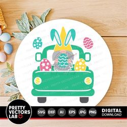 easter truck with gnome svg, easter cut file, easter eggs svg dxf eps png, vintage truck back clipart, farmhouse sign sv