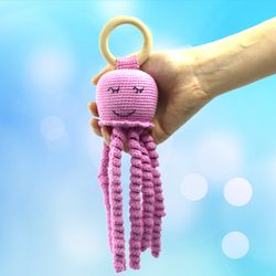 octopus preemie baby, premature baby, pregnancy gift, mum-to-be present newborn rattle jellyfish organic baby wooden toy