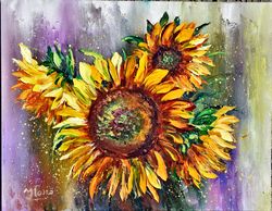 sunflower flowers in the rays of the sun. impasto style. bright flowers for the interior of the room.