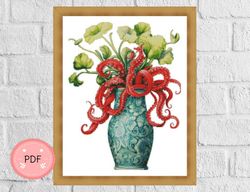 cross stitch pattern,octopus in a flower pot, pdf,instant download , floral xstitch chart, asian style,japanese vase