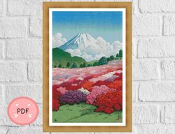 cross stitch pattern,kawase hasui's azalea garden,pdf,instant download,japanese art,japan woodblock art,mount fuji