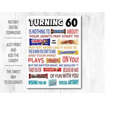 60th birthday funny candy poster printable pdf - sarcastic 60th birthday gift for men women idea from friends, family -