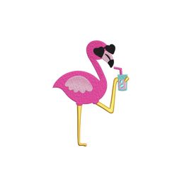 flamingo with drink embroidery design, summer embroidery file, 4 sizes, instant download