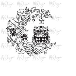 moon owl mandala svg cutting file for cricut, silhouette, vinyl, iron on -  moon owl zentangle design for customizing t