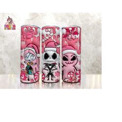 3d inflated cartoon christmas tumbler wrap, 20oz skinny tumbler, nightmare christmas png, jack nightmare tumbler wrap, pink christmas wrap