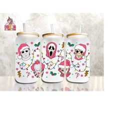 horror characters christmas tumbler wrap, 16oz libbey glass can, christmas light, 16oz christmas glass can, can glass wrap, pink christmas