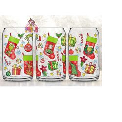 cartoon christmas tumbler, 16oz can glass wrap, merry christmas can glass, libbey can glass, christmas vibes, stocking christmas wrap png