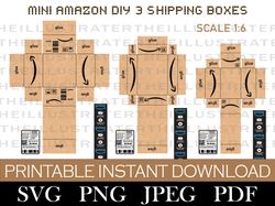 mini amazon box 1:6 template, printable packages, diy paper dollhouse miniature, cricut, svg, png, jpeg, pdf, files