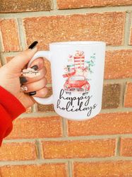 happy holidays, vintage red christmas car,christmas mug, ceramic coffee mug
