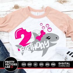 shark 2nd birthday svg, girl birthday svg dxf eps png, second birthday cut files, two years girls svg, shark shirt desig