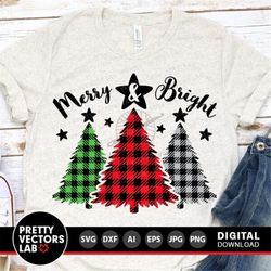 merry and bright svg, buffalo plaid christmas tree svg dxf eps png, holiday cut files, farmhouse sign svg, winter clipar