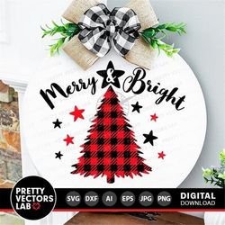 merry and bright svg, buffalo plaid christmas tree svg dxf eps png, holiday cut files, farmhouse sign svg, winter clipar