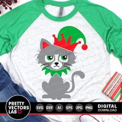 christmas cat svg, funny cat with elf hat svg, elf svg, kids shirt design, winter cut files, holiday svg, dxf, eps, png,