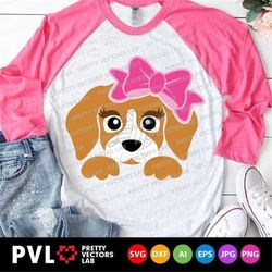 puppy face svg, cute dog with bow svg, girl svg, dxf, eps, png, birthday svg, paw svg, dog cut files, kids shirt design,